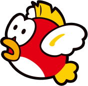 Image of Cheep-Cheep facing the left side of the screen. It is a red fish with white wings and a belly. Its fins and tail are yellow. It's also got orange lips and large, oval eyes.