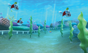 Three Cheep Cheeps swimming in Cheep Cheep Lagoon. Original image from Mario Kart 7.