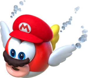 Cheep Cheep merged with Mario, wearing a large red hat with the letter 'M' on it and a mustache. Original image from Super Mario Odyssey.